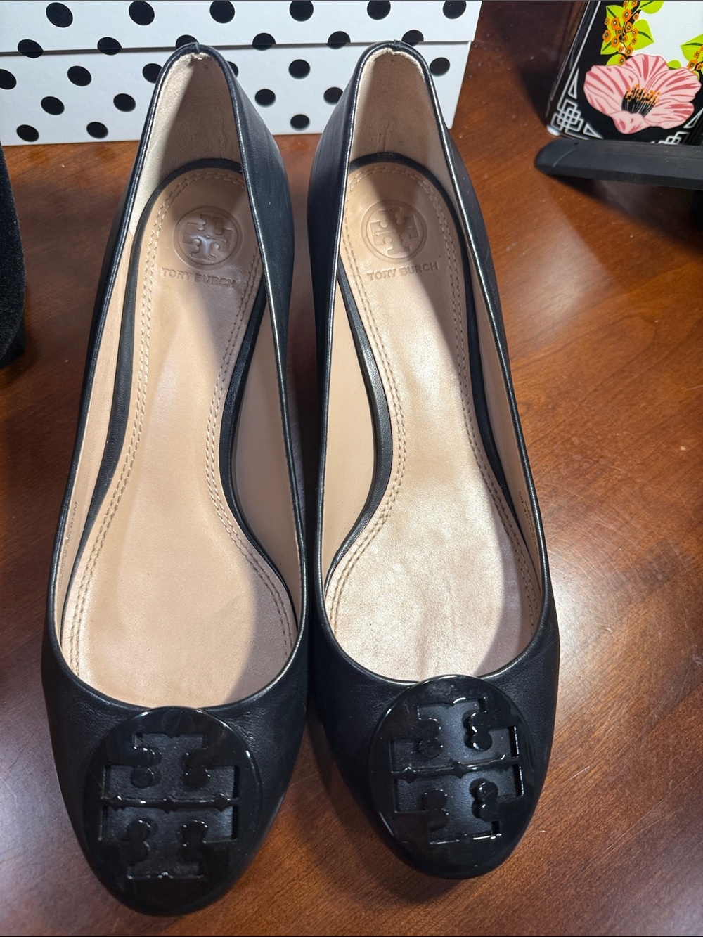 Tory Burch Black Patent Logo Cap-Toe Ballet Flats